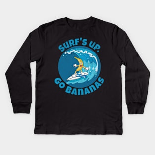 Funny Surf´s up, go bananas surfing on a great ocean wave Kids Long Sleeve T-Shirt